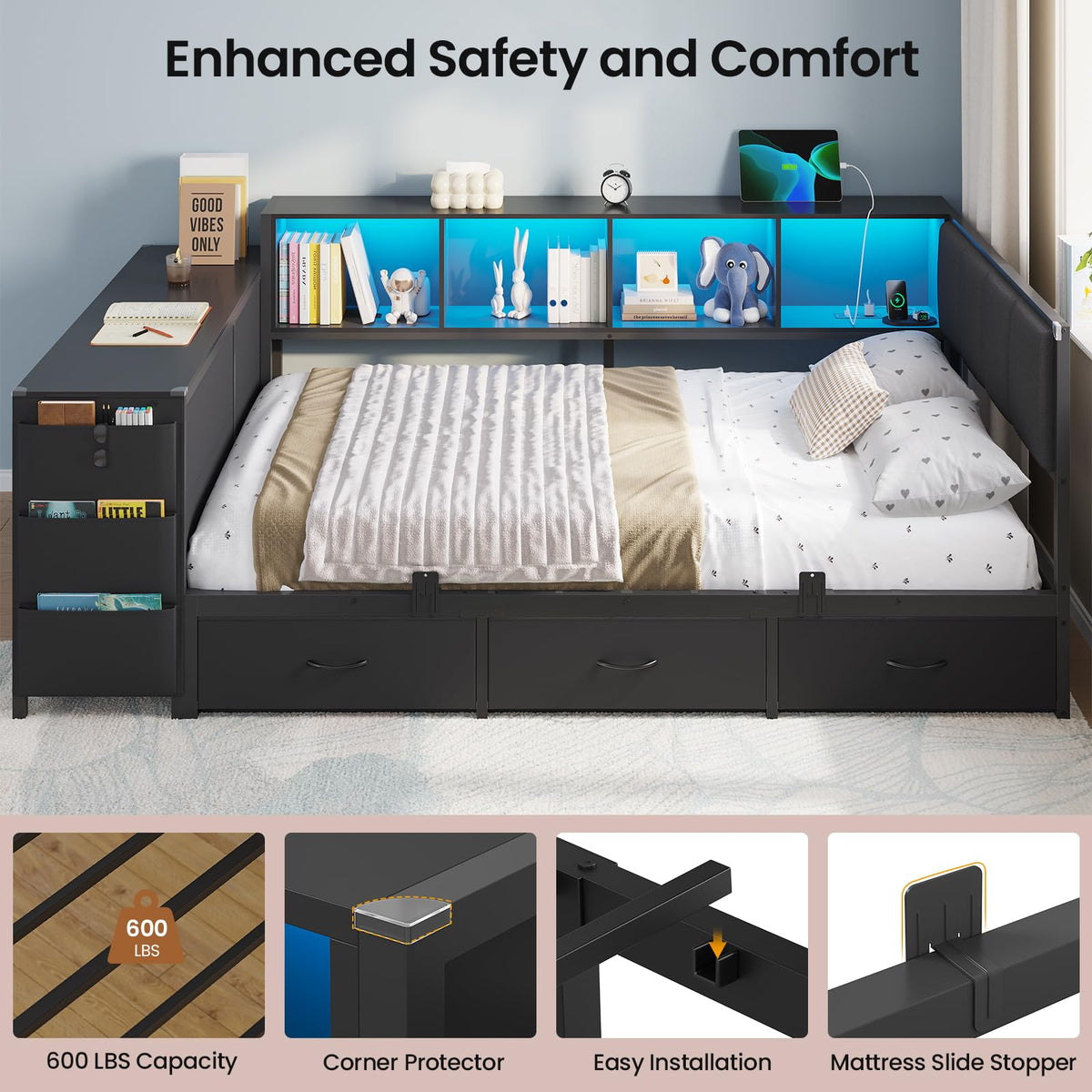 Twin Corner Bed with 6 Storage Dressers, 3 Drawers & Bookcase, Charging Station and LED Light, Desk, Upholstered Headboard, Black M9753