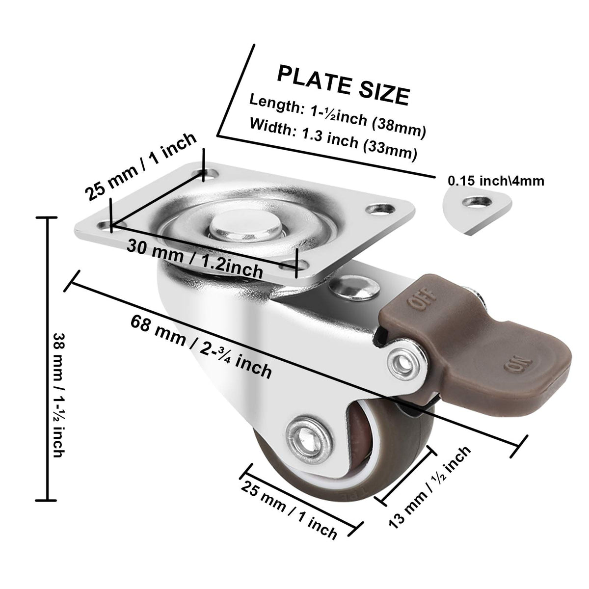 1 Inch TPE Rubber Swivel Caster Wheels Set of 4 with Brakes G11924