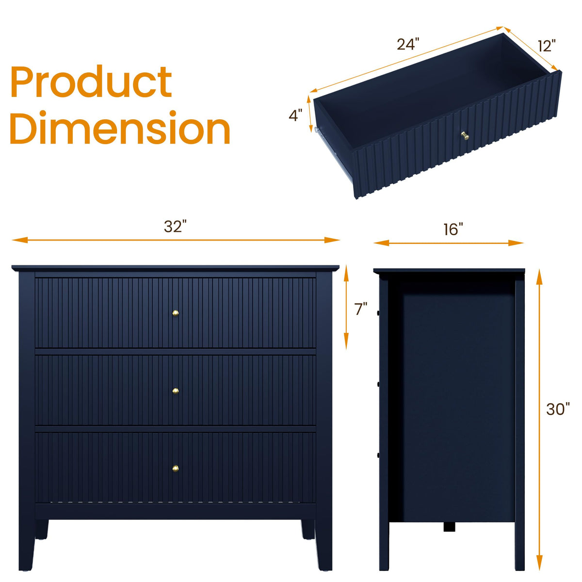 32" Blue 3 Drawer Wood Nightstand E210