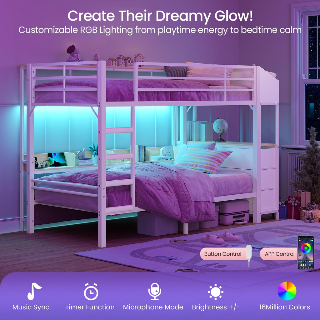 Twin Over Twin Bunk Bed with 6 Storage Drawers, Shelves, LED Lights and Ladder P509