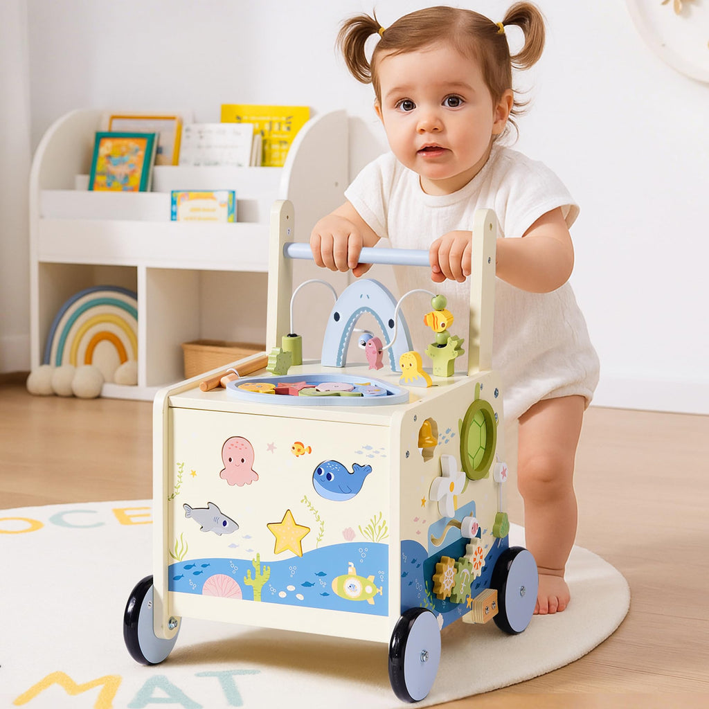 Wooden Baby Walker Push Toy with Fishing Game, Music, Storage O369