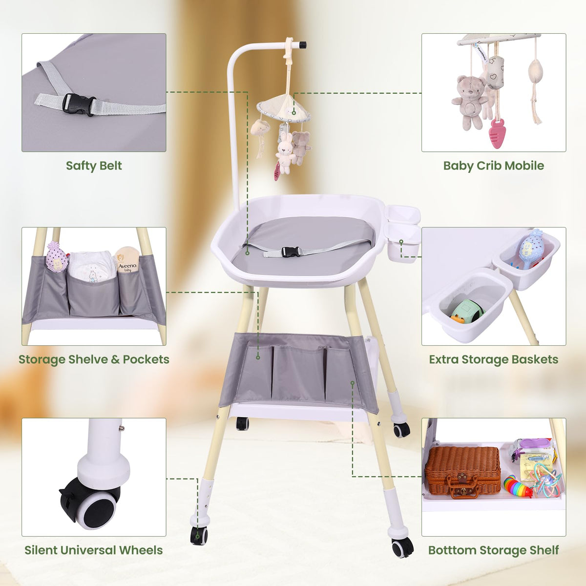 Adjustable Height Baby Changing Table with Changing Pad and Storage H348