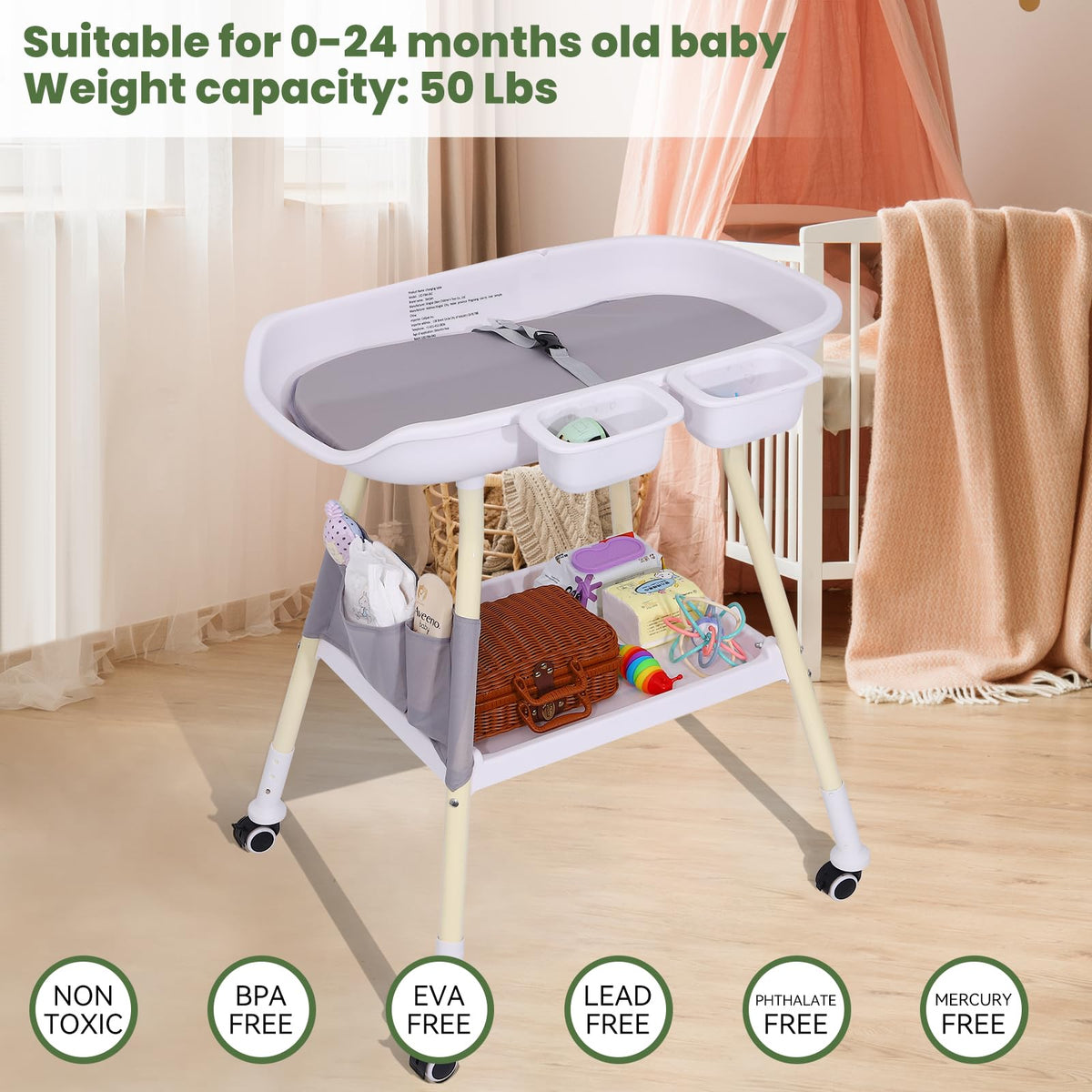 Adjustable Height Baby Changing Table with Changing Pad and Storage H348