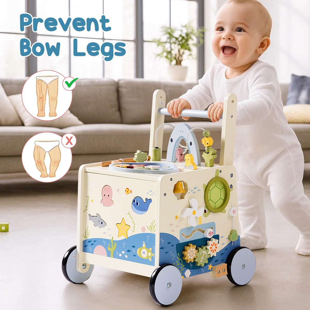Wooden Baby Walker Push Toy with Fishing Game, Music, Storage O369