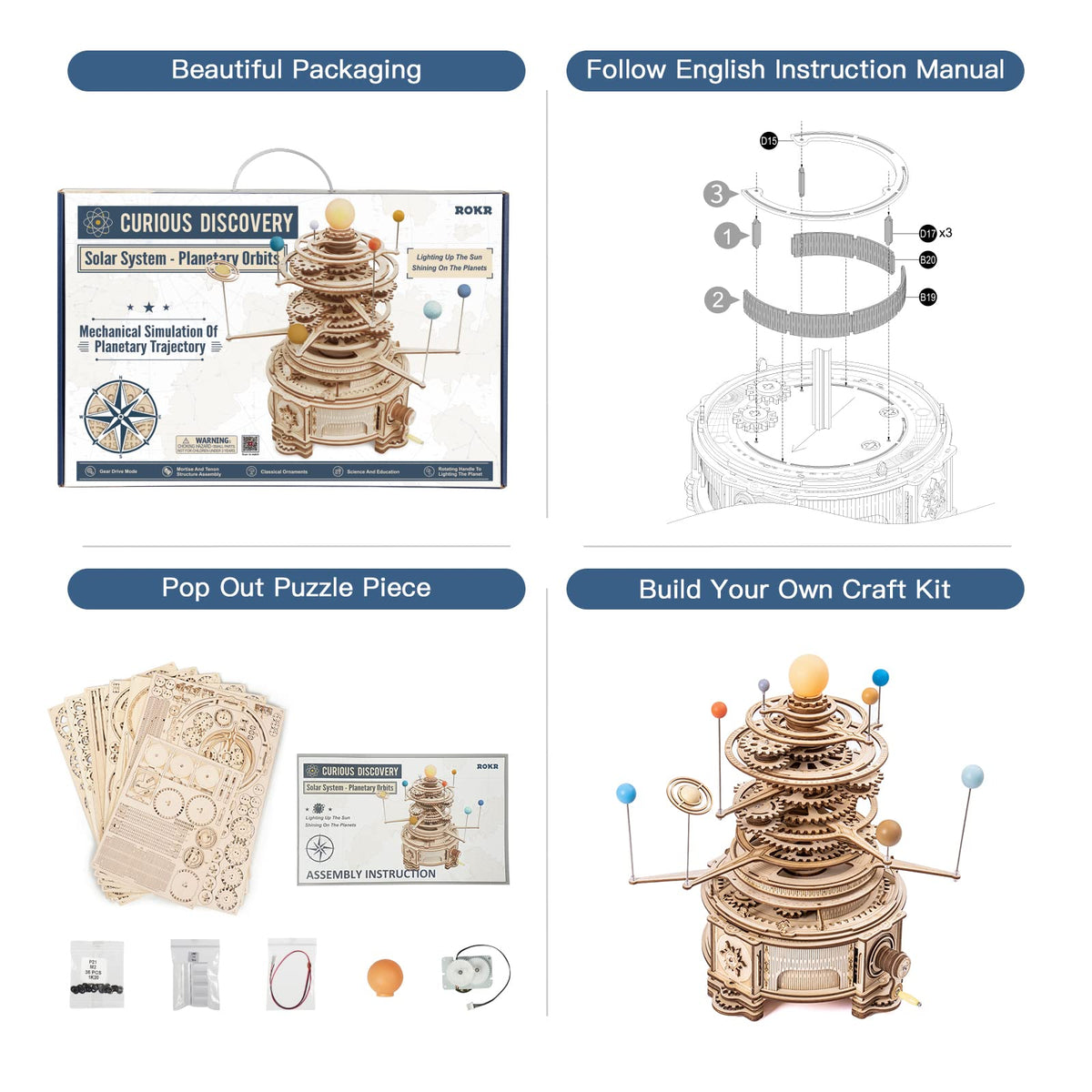 3D Wooden Puzzle Mechanical Building Set 8 Orbiting Planets J932
