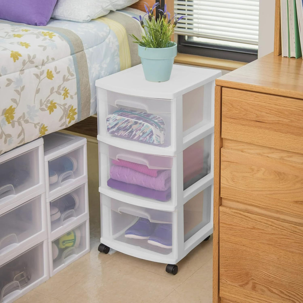 Plastic Storage Drawer Cart with 3 Drawers and Wheels, White H497099