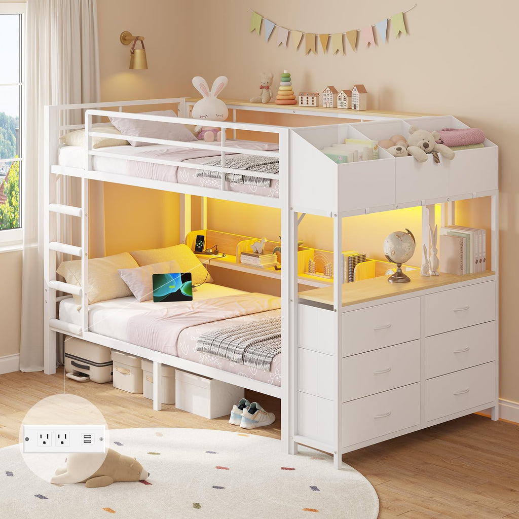 Twin Over Twin Bunk Bed with 6 Storage Drawers, Shelves, LED Lights and Ladder P509
