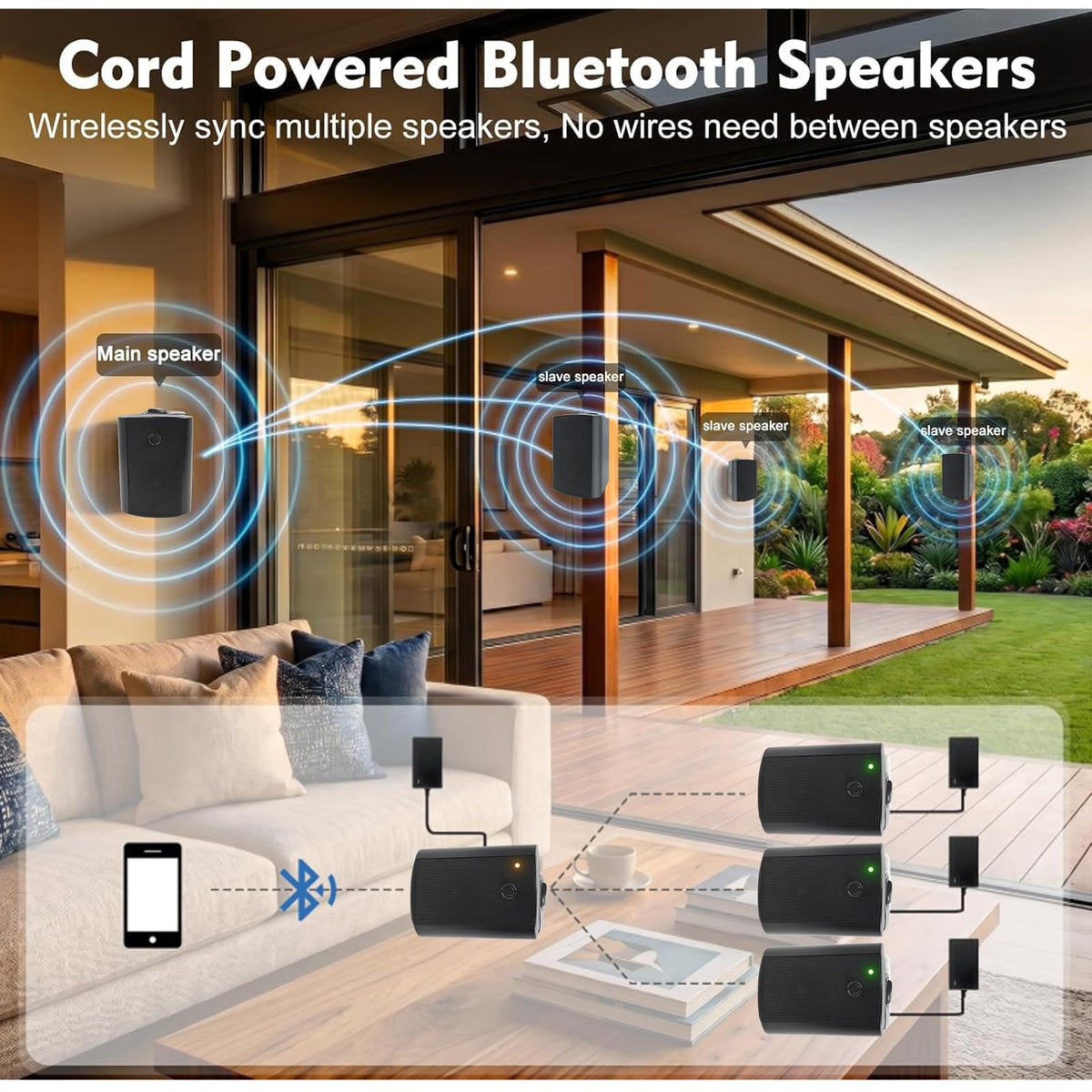 5.25" 300W Bluetooth Outdoor Speakers IPX5 Waterproof Black 2-Pack H599