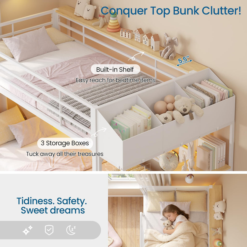 Twin Over Twin Bunk Bed with 6 Storage Drawers, Shelves, LED Lights and Ladder P509