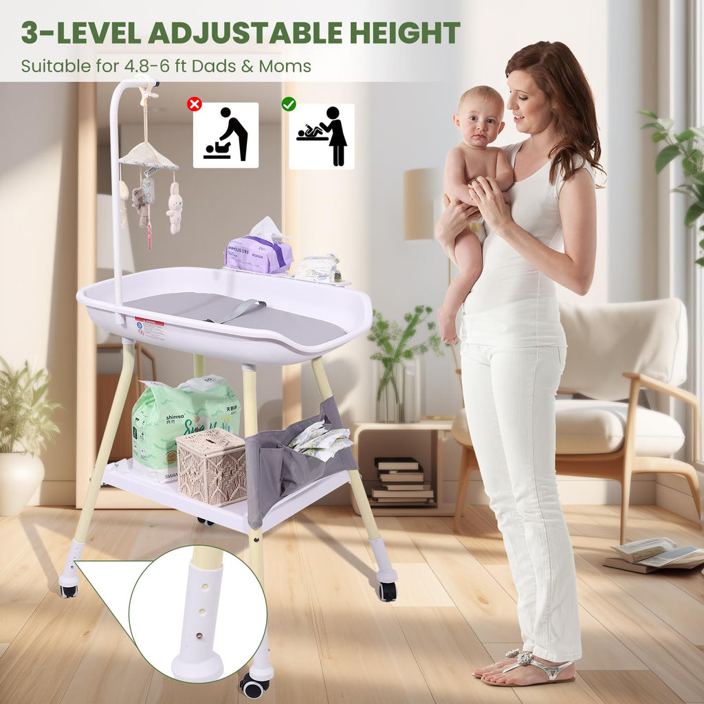 Adjustable Height Baby Changing Table with Changing Pad and Storage H348