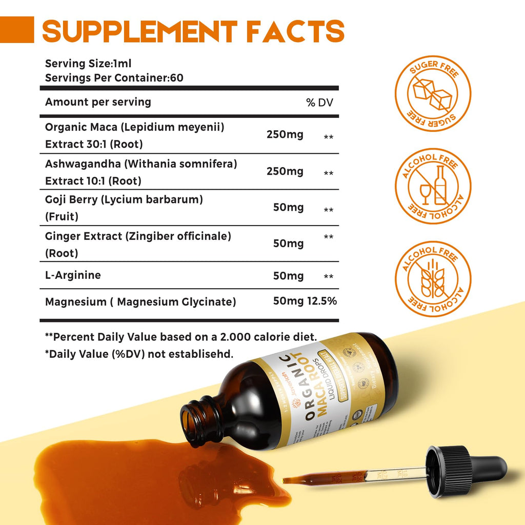 Organic Maca Root Liquid Drops with Ashwagandha 2 Fl Oz Q777