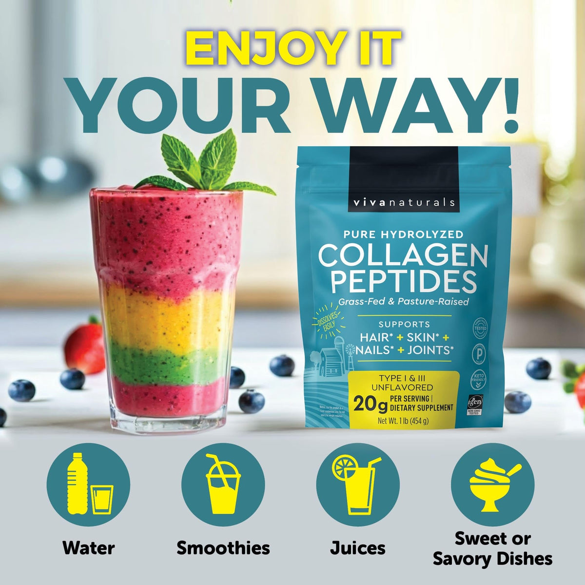 Collagen Peptides Powder - Grass-Fed Hydrolyzed Bovine, Type I & III - 19 g Protein, Unflavored - 1lb P6913