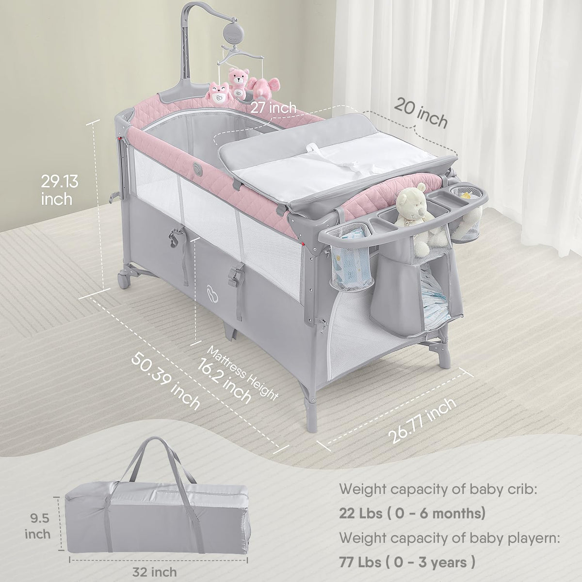 Pink Baby Bassinet Bedside Crib with Mattress M7282