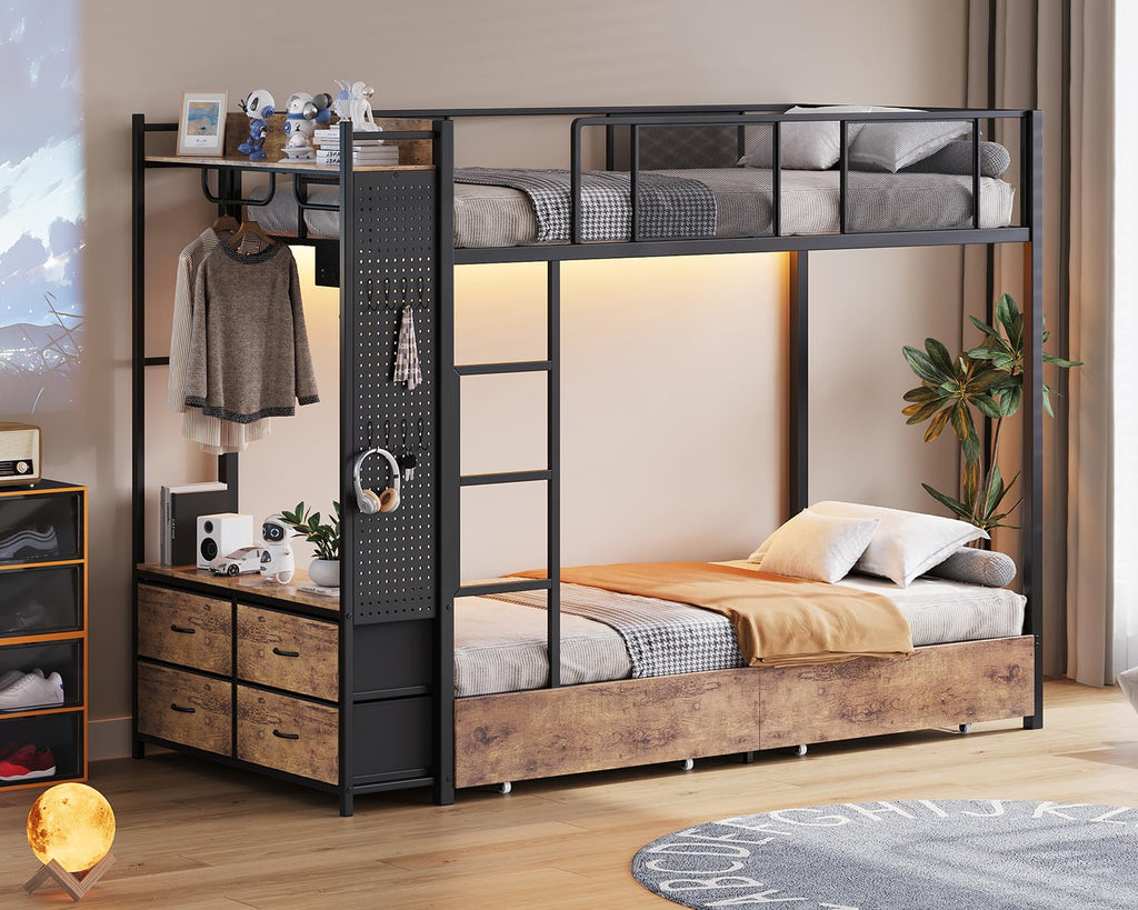 Twin Over Twin Metal Bunk Bed with Storage Drawers V287586