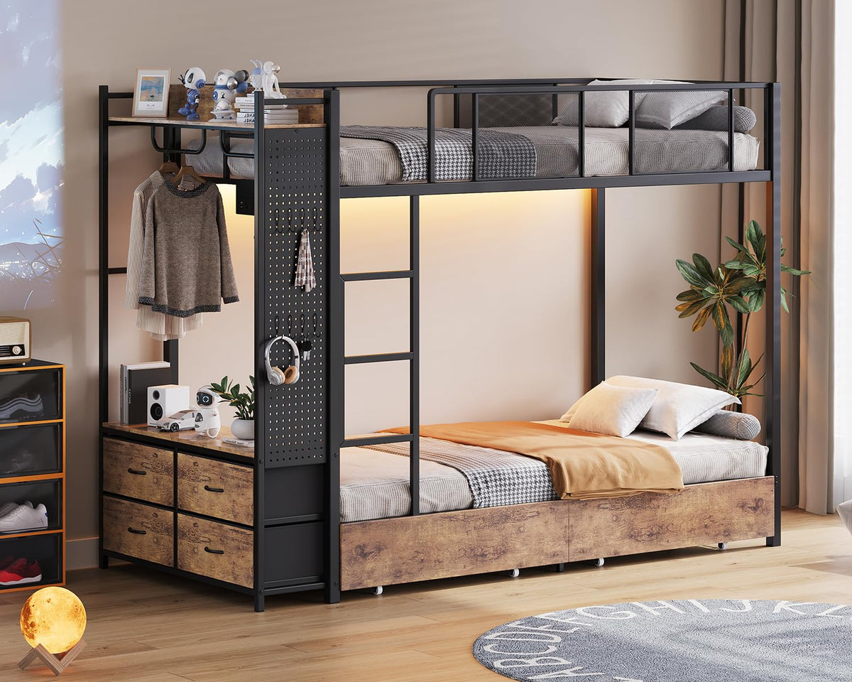 Twin Over Twin Metal Bunk Bed with Storage Drawers V287586