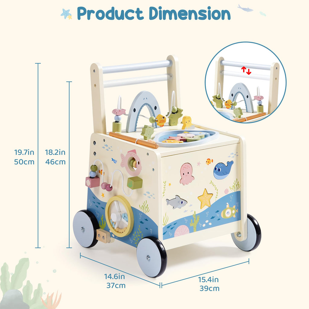 Wooden Baby Walker Push Toy with Fishing Game, Music, Storage O369