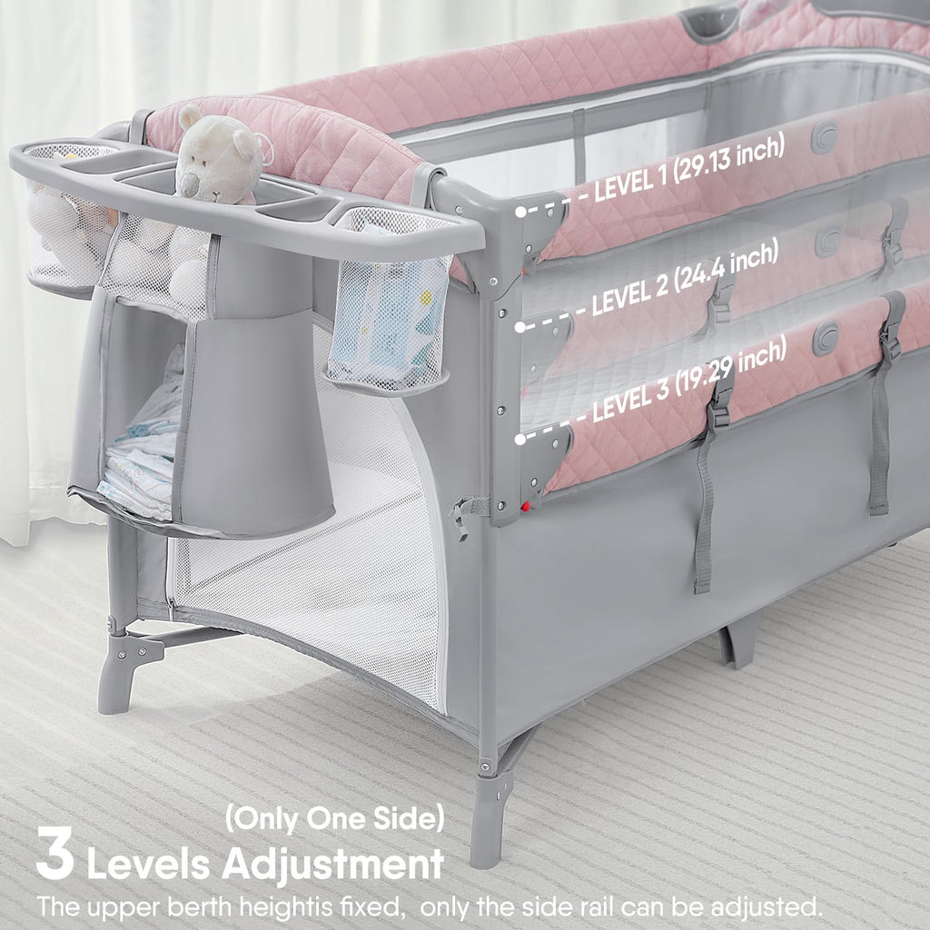 Pink Baby Bassinet Bedside Crib with Mattress M7282