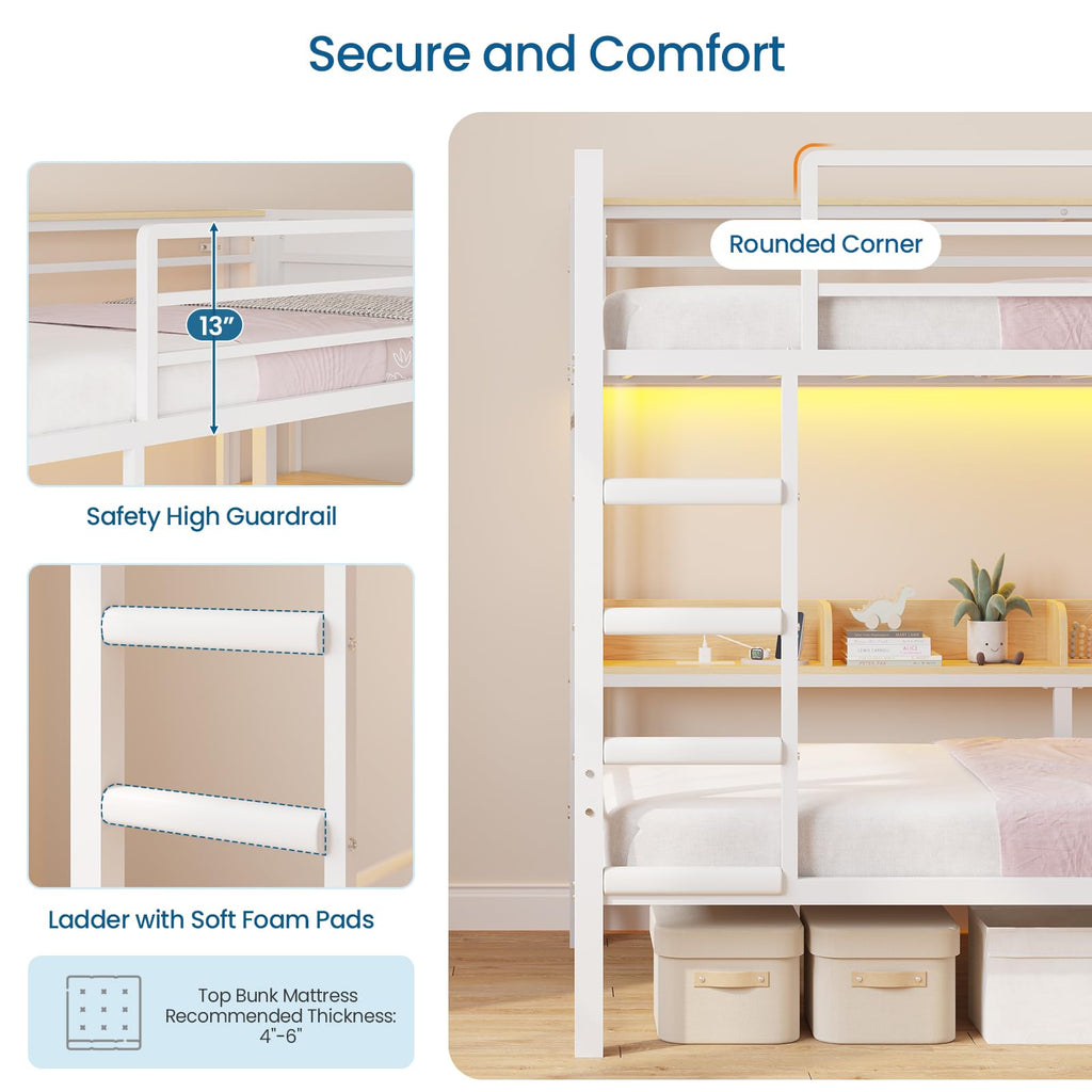 Twin Over Twin Bunk Bed with 6 Storage Drawers, Shelves, LED Lights and Ladder P509