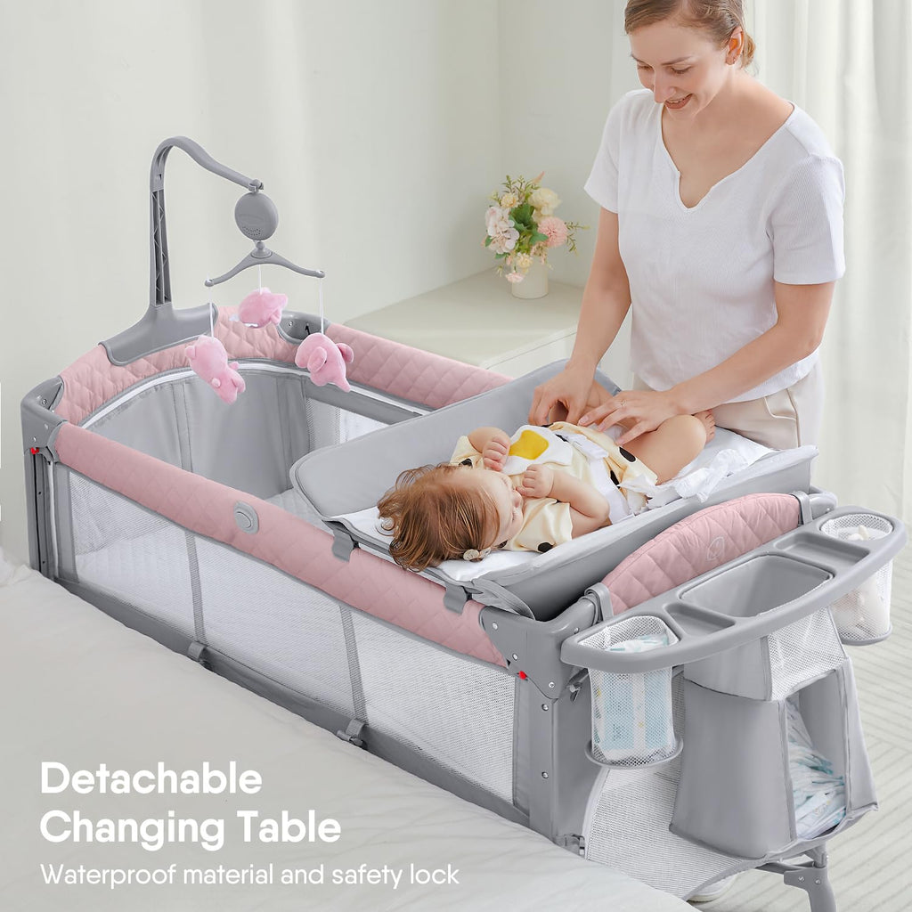 Pink Baby Bassinet Bedside Crib with Mattress M7282