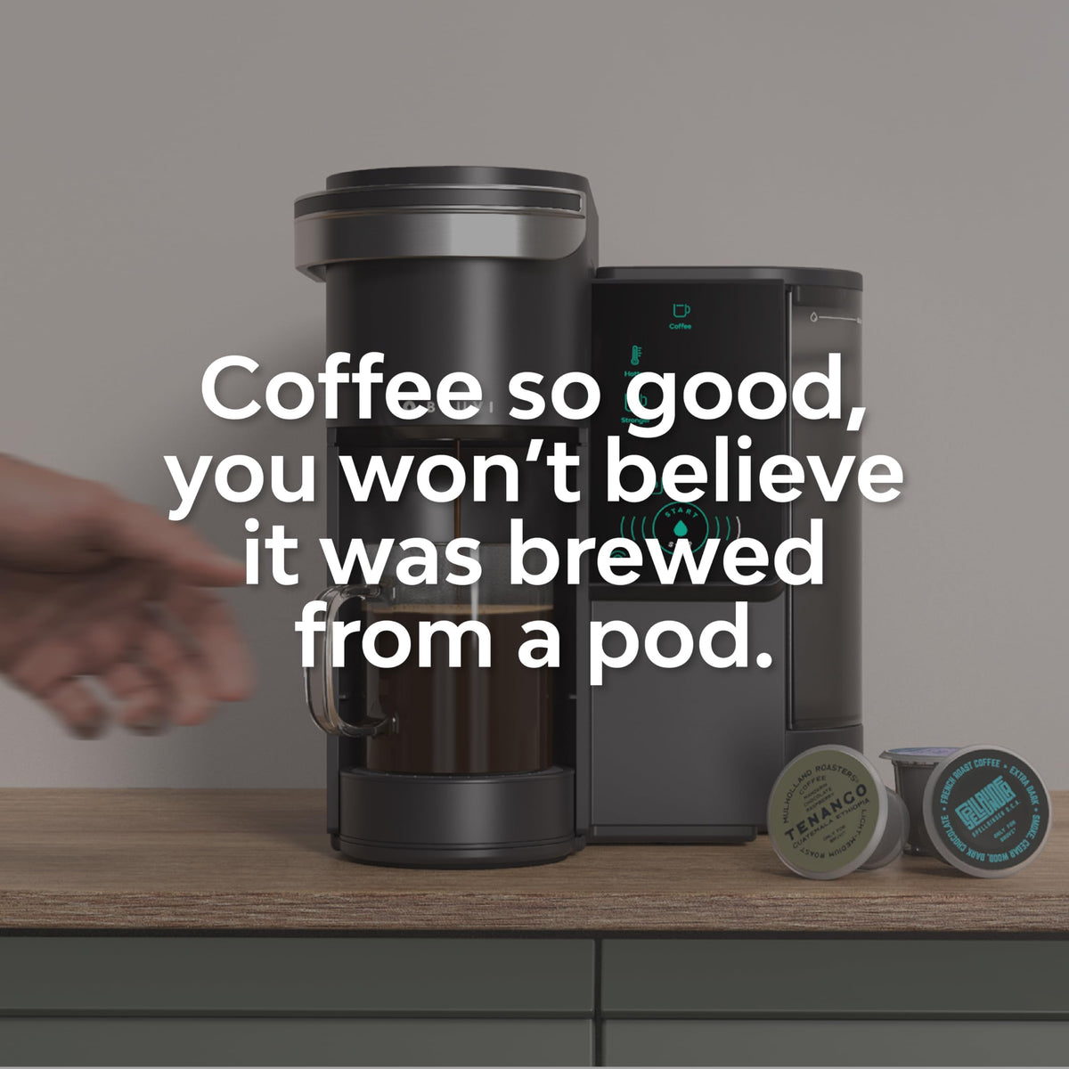 Single-Serve Coffee Maker with 20 Dark Roast Pods, Touchscreen, WiFi, 70 oz Tank, Black O33595