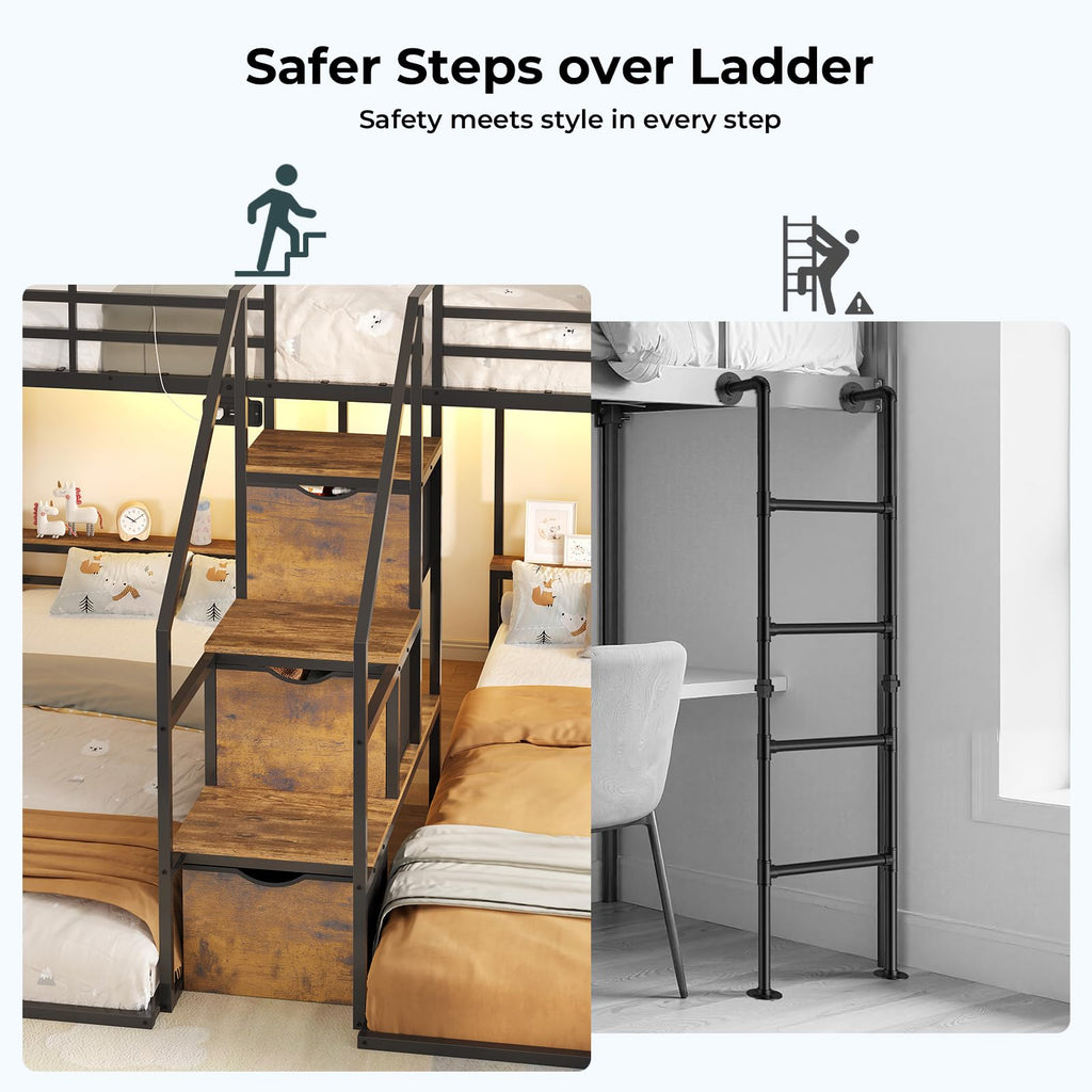Black Triple Bunk Bed Twin Over Twin with Storage Staircase B379560