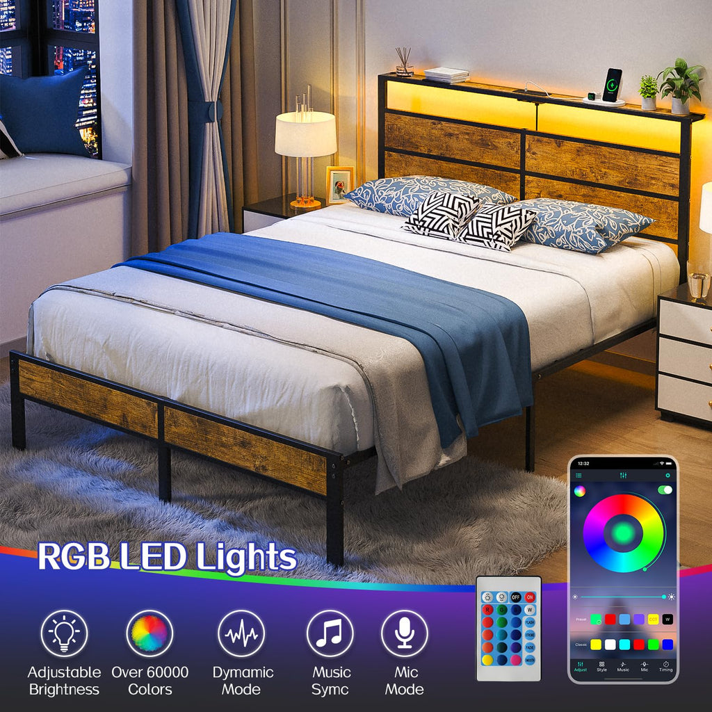 Full Size Platform Bed Frame with Charging Station Headboard and LED Lights N560589