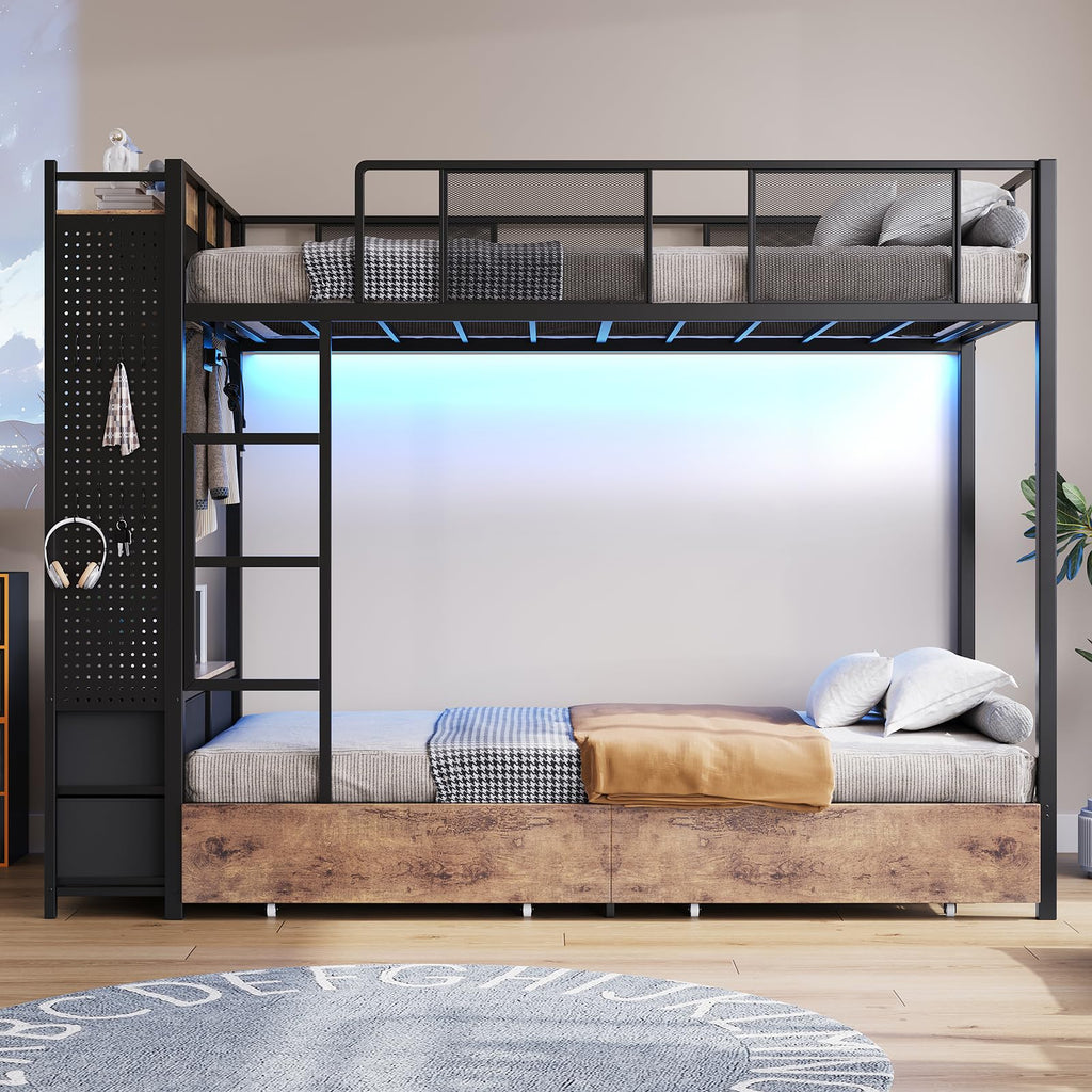 Twin Over Twin Metal Bunk Bed with Storage Drawers V287586