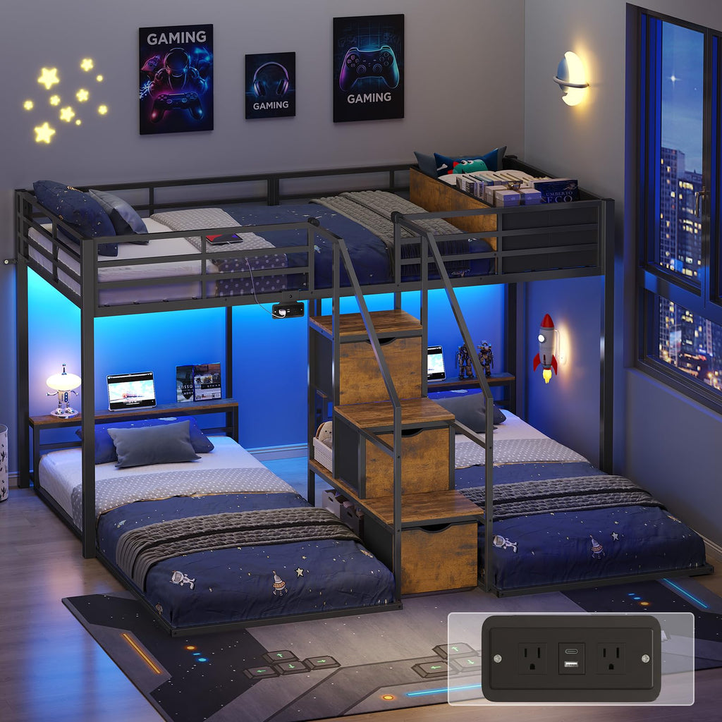 Black Triple Bunk Bed Twin Over Twin with Storage Staircase B379560