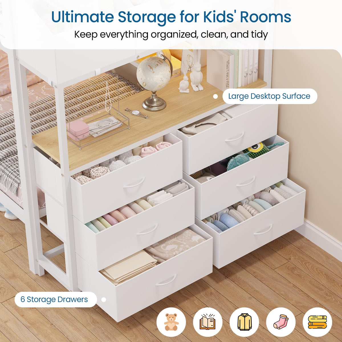 Twin Over Twin Bunk Bed with 6 Storage Drawers, Shelves, LED Lights and Ladder P509