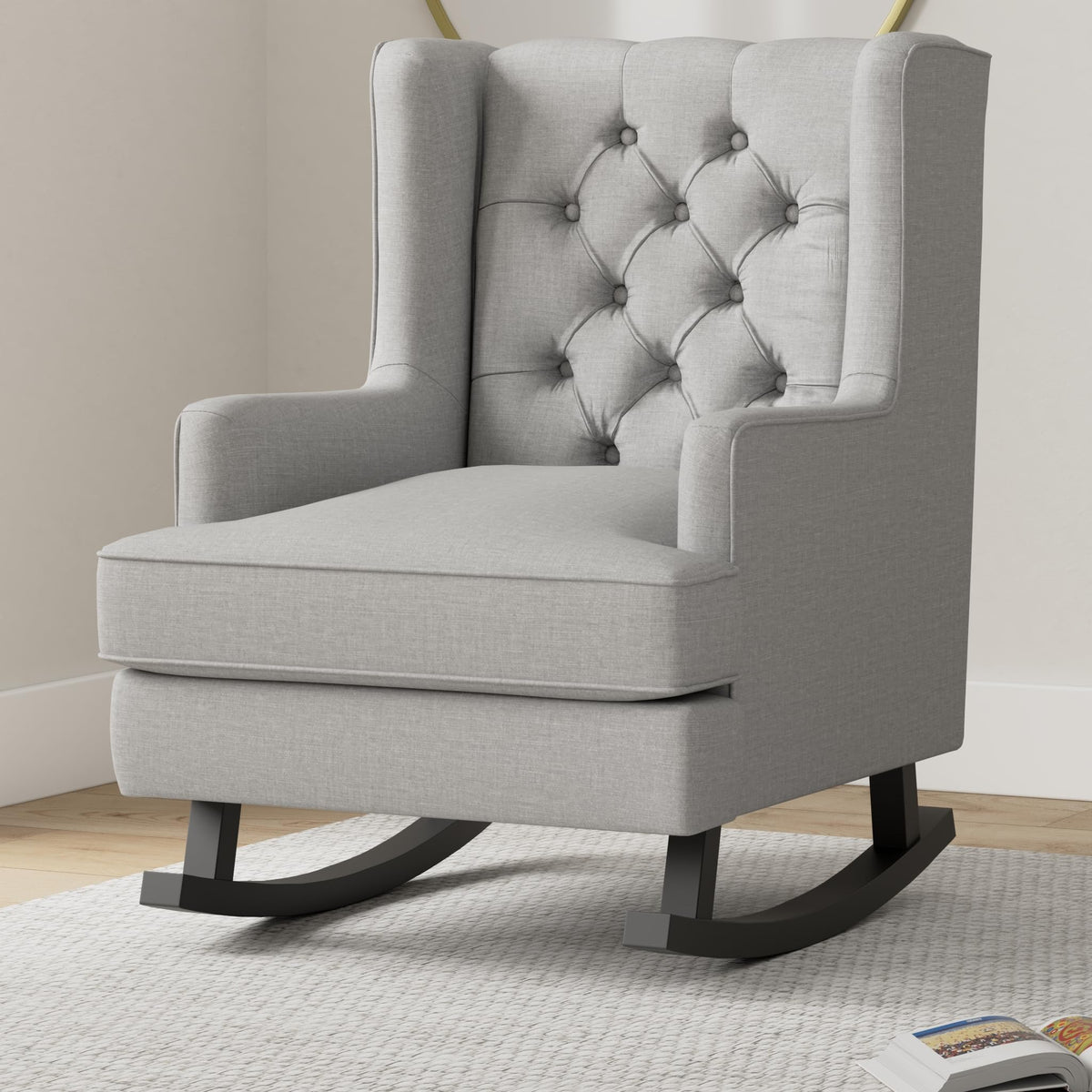 Gray Velvet Tufted Upholstered Rocking Accent Chair with Wood Frame A71766