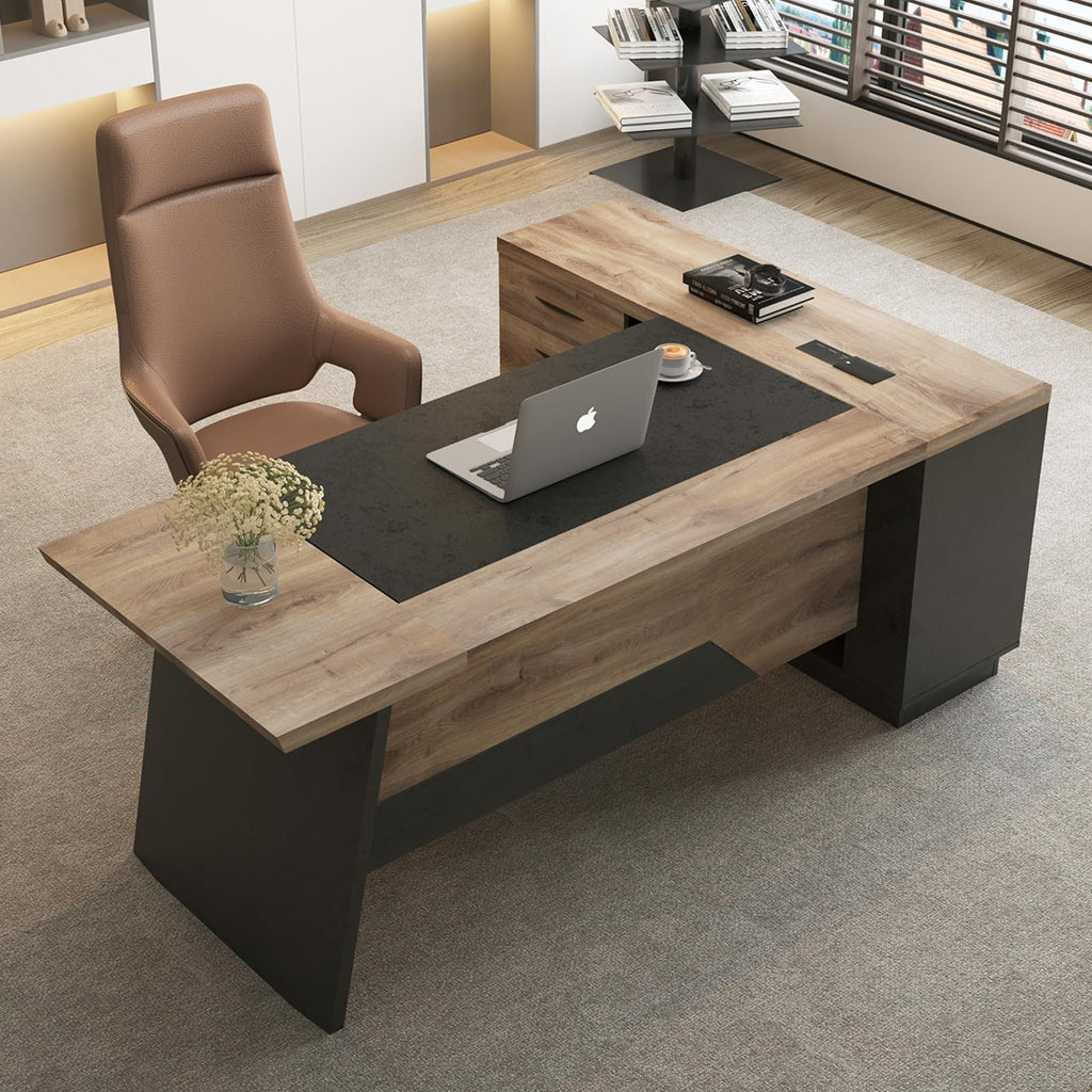 Black and Wood L Shape Executive Desk with Drawers and Shelves N78078