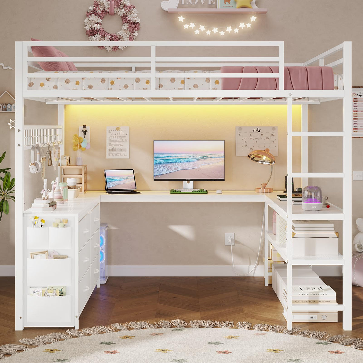 Full Size Loft Bed with U-Shaped Desk and 6 Storage Drawers K129723