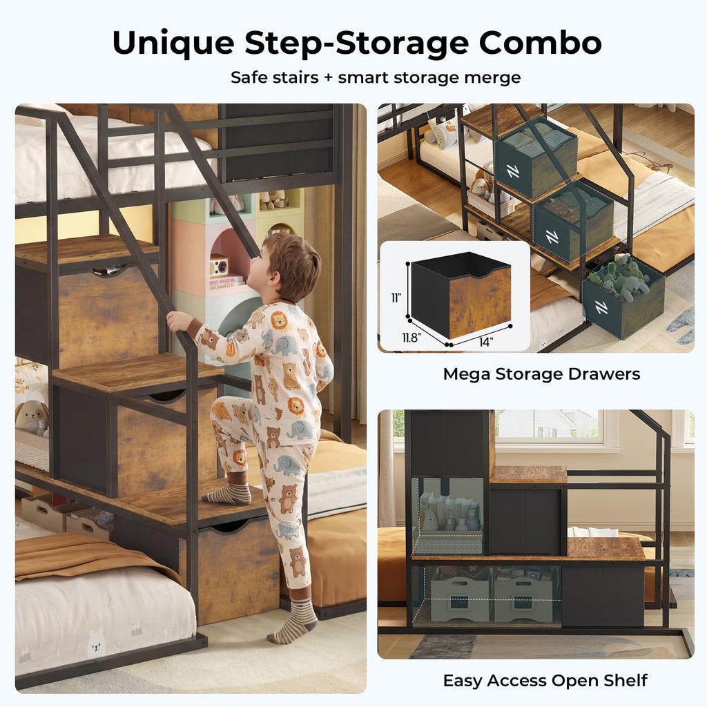 Black Triple Bunk Bed Twin Over Twin with Storage Staircase B379560