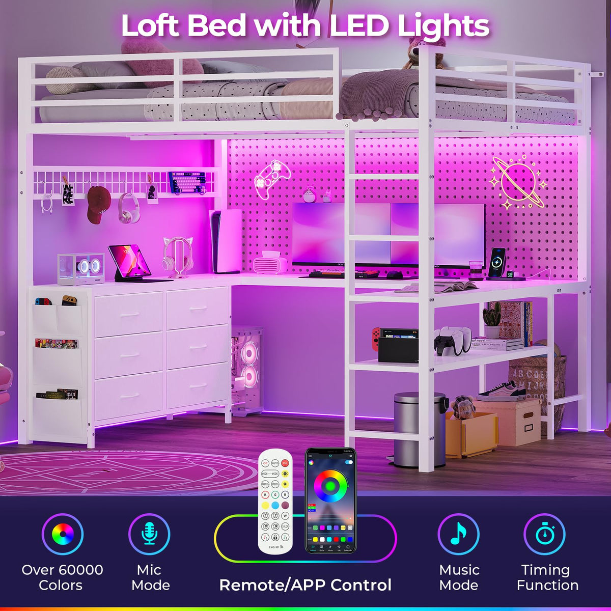 Full Size Loft Bed with U-Shaped Desk and 6 Storage Drawers K129723