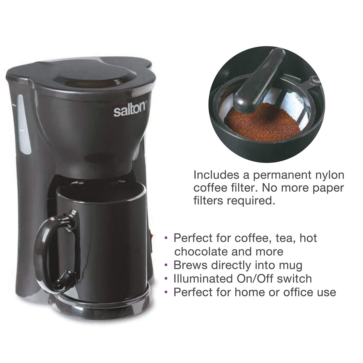1 Cup Black Mini Drip Coffee Maker with Reusable Mesh Filter T871
