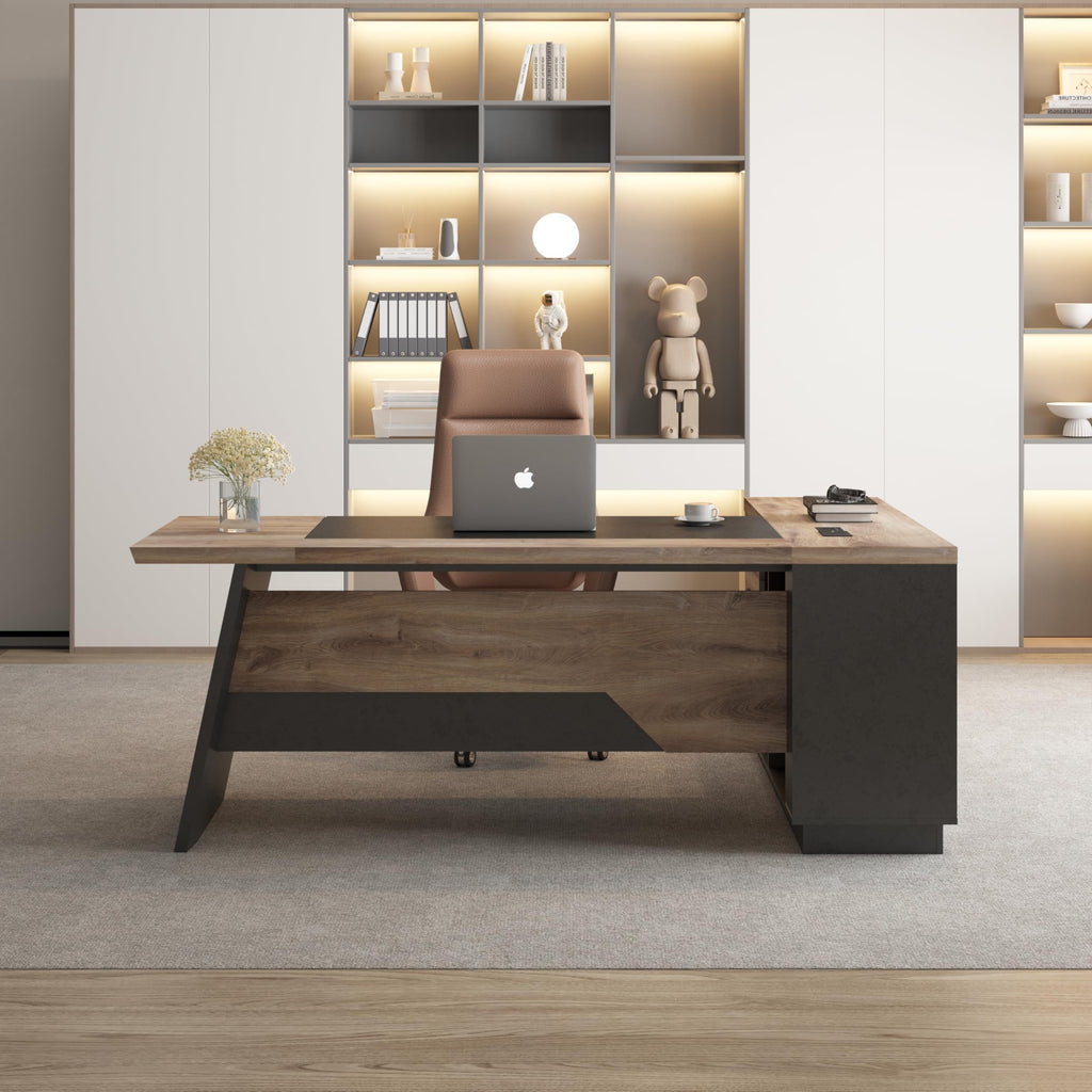 Black and Wood L Shape Executive Desk with Drawers and Shelves N78078