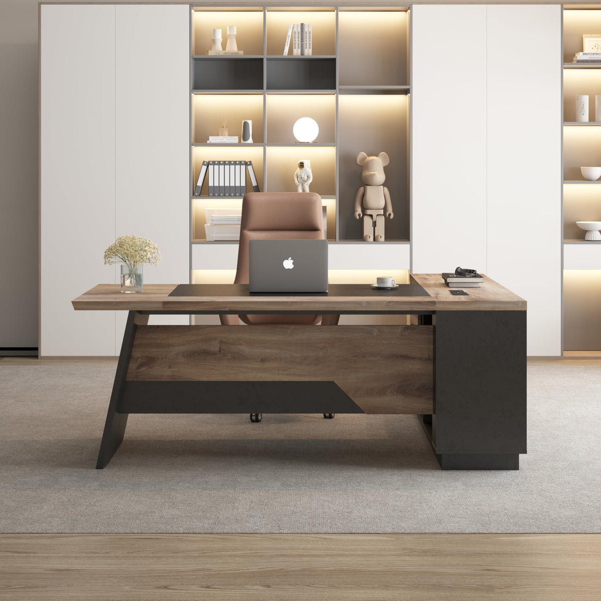 Black and Wood L Shape Executive Desk with Drawers and Shelves N78078