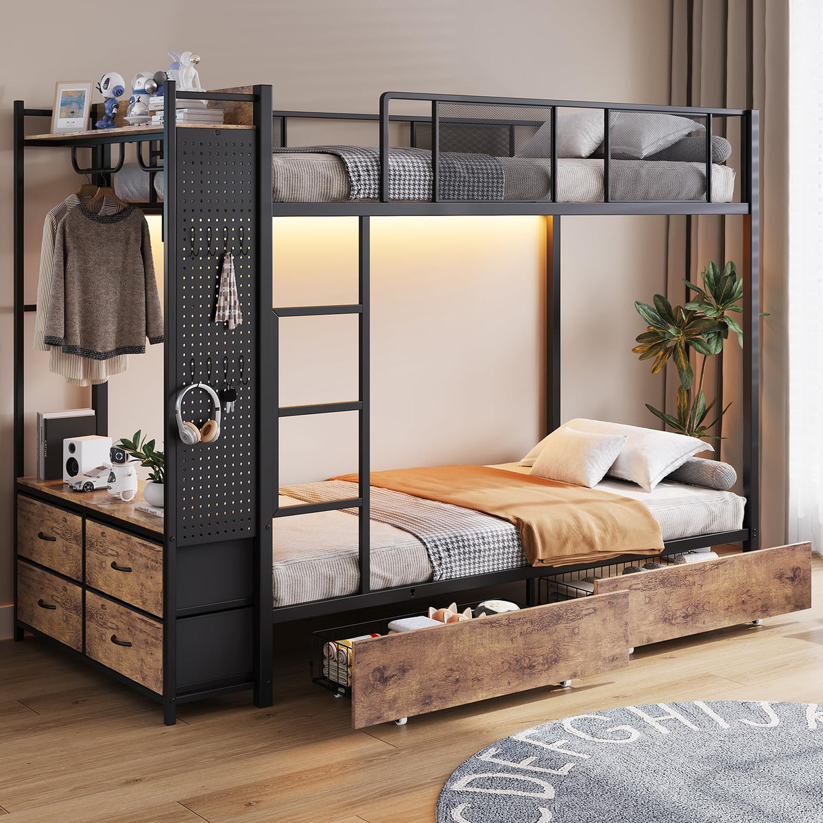 Twin Over Twin Metal Bunk Bed with Storage Drawers V287586