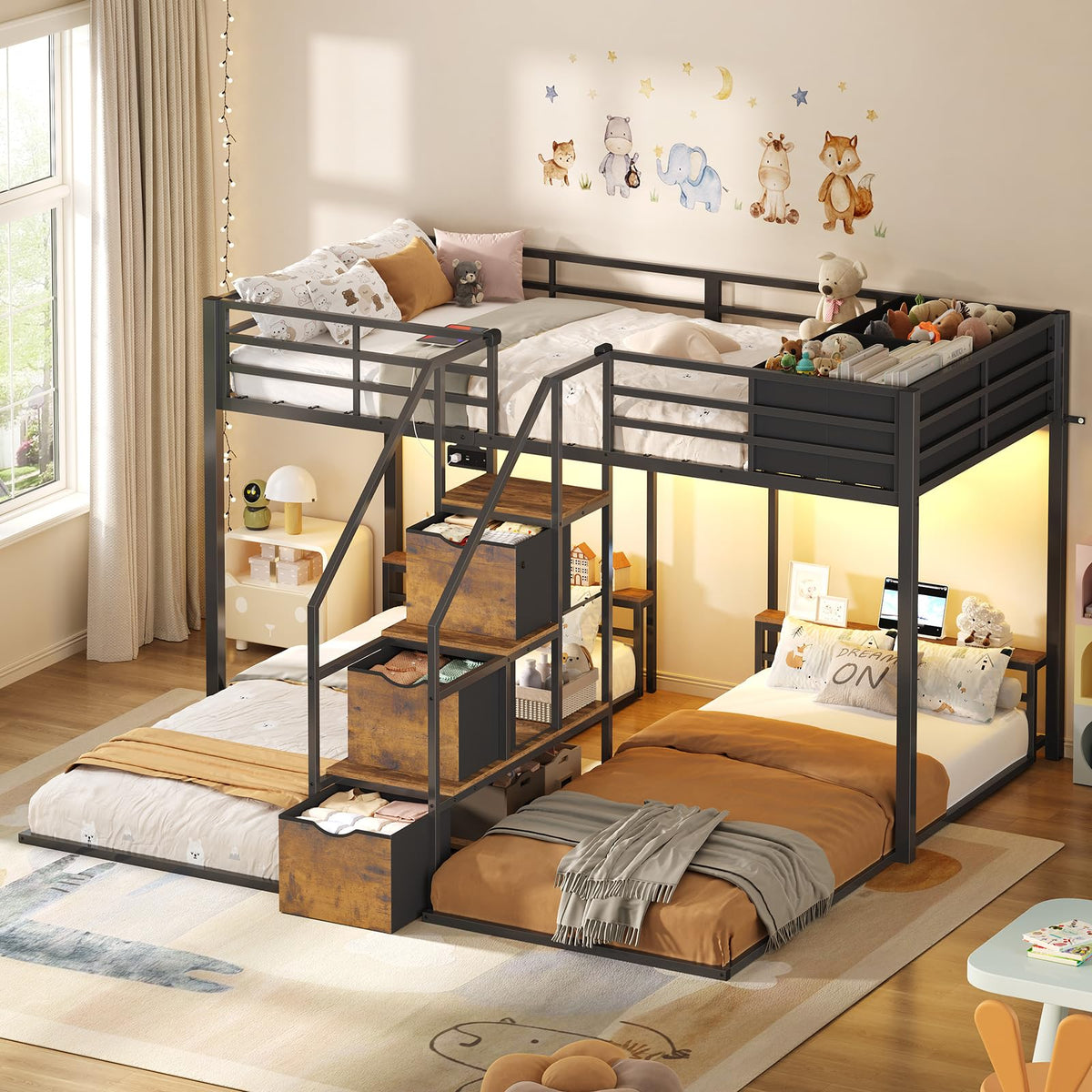 Black Triple Bunk Bed Twin Over Twin with Storage Staircase B379560