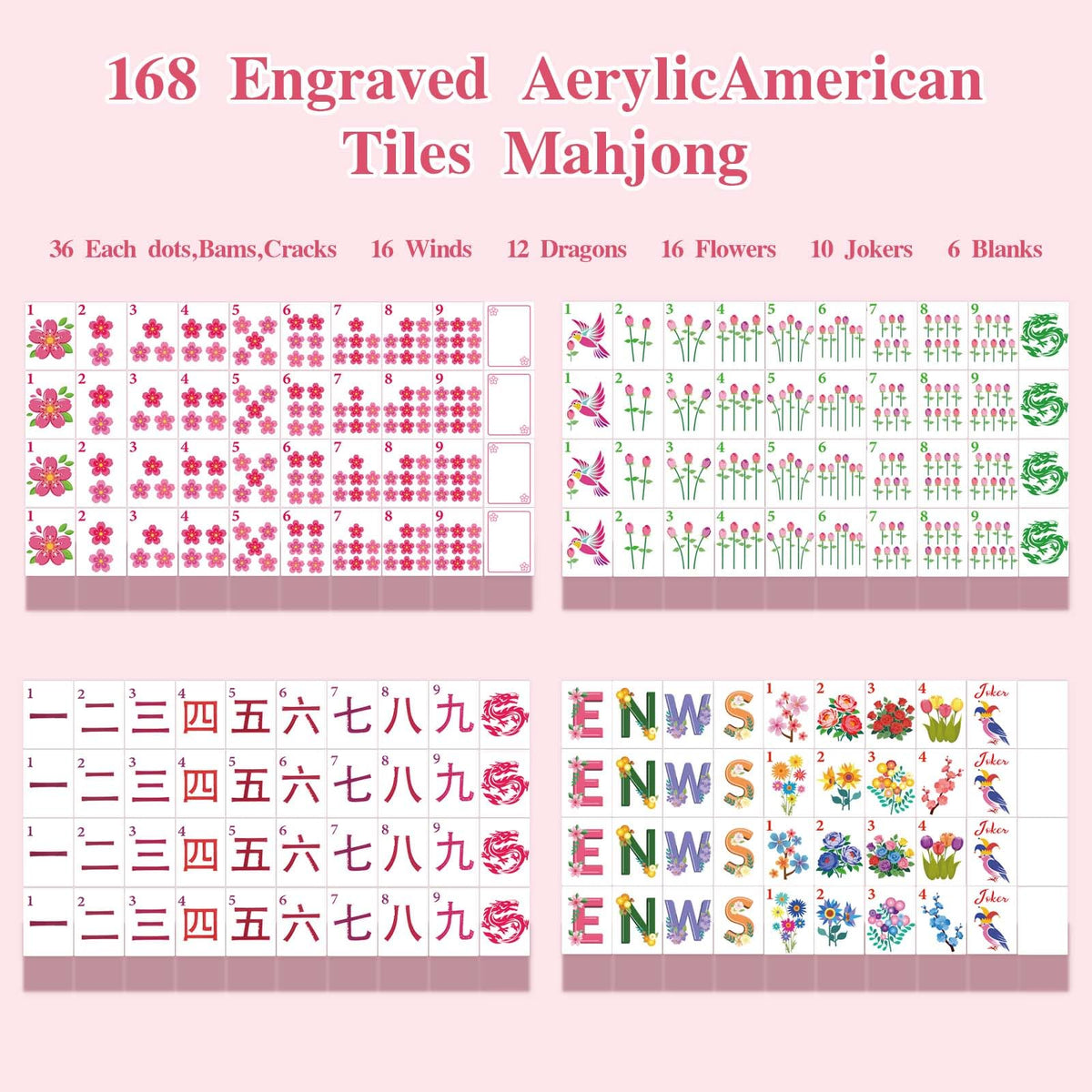 1.2” American Mahjong Set 168 Pink Floral Melamine Tiles Q4234