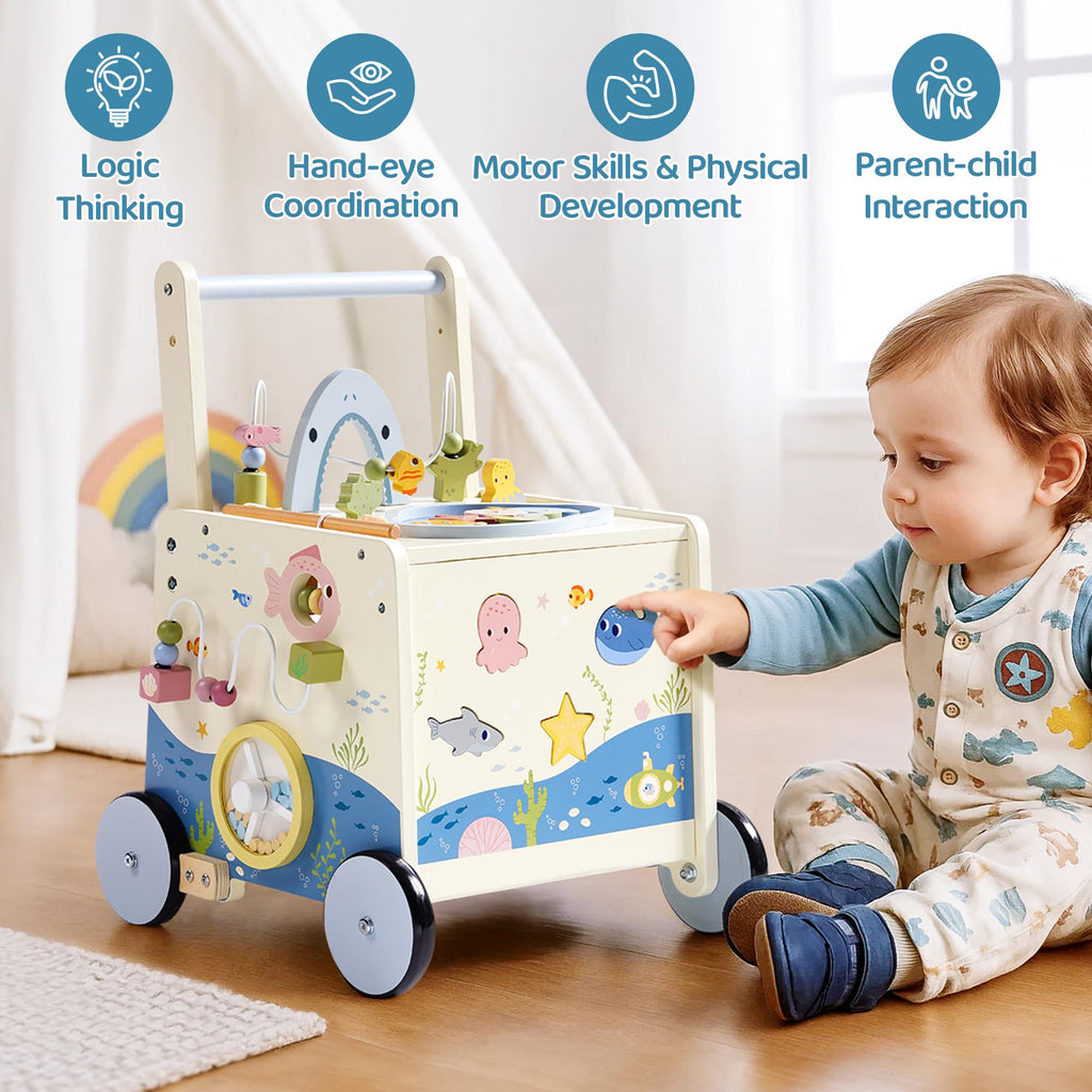 Wooden Baby Walker Push Toy with Fishing Game, Music, Storage O369