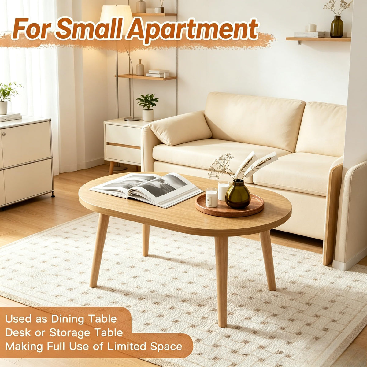 Small Oval Coffee Table with Solid Wood Legs F244