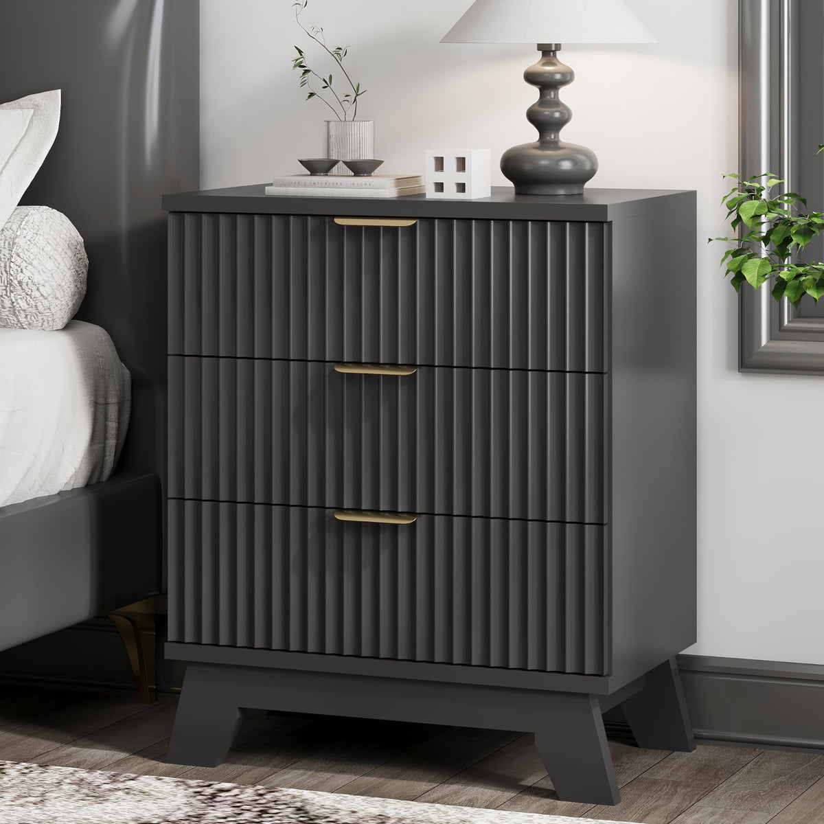 Black 3 Drawer Fluted Nightstand K706418