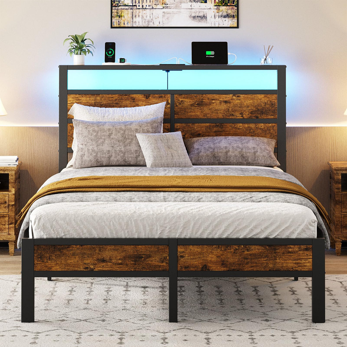 Full Size Platform Bed Frame with Charging Station Headboard and LED Lights N560589