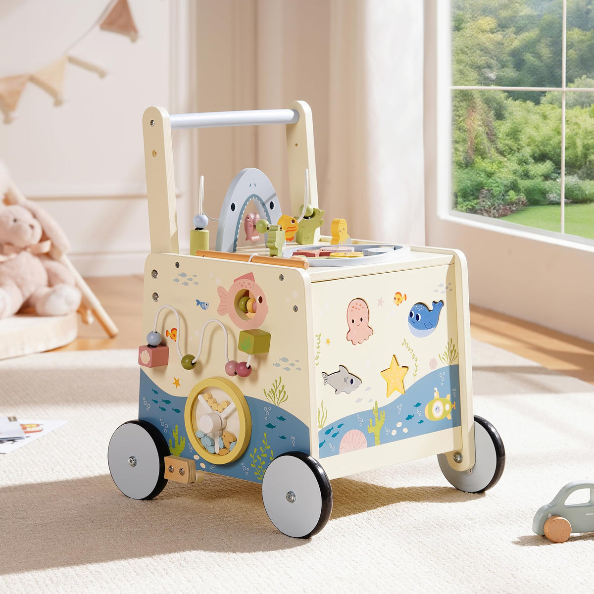 Wooden Baby Walker Push Toy with Fishing Game, Music, Storage O369