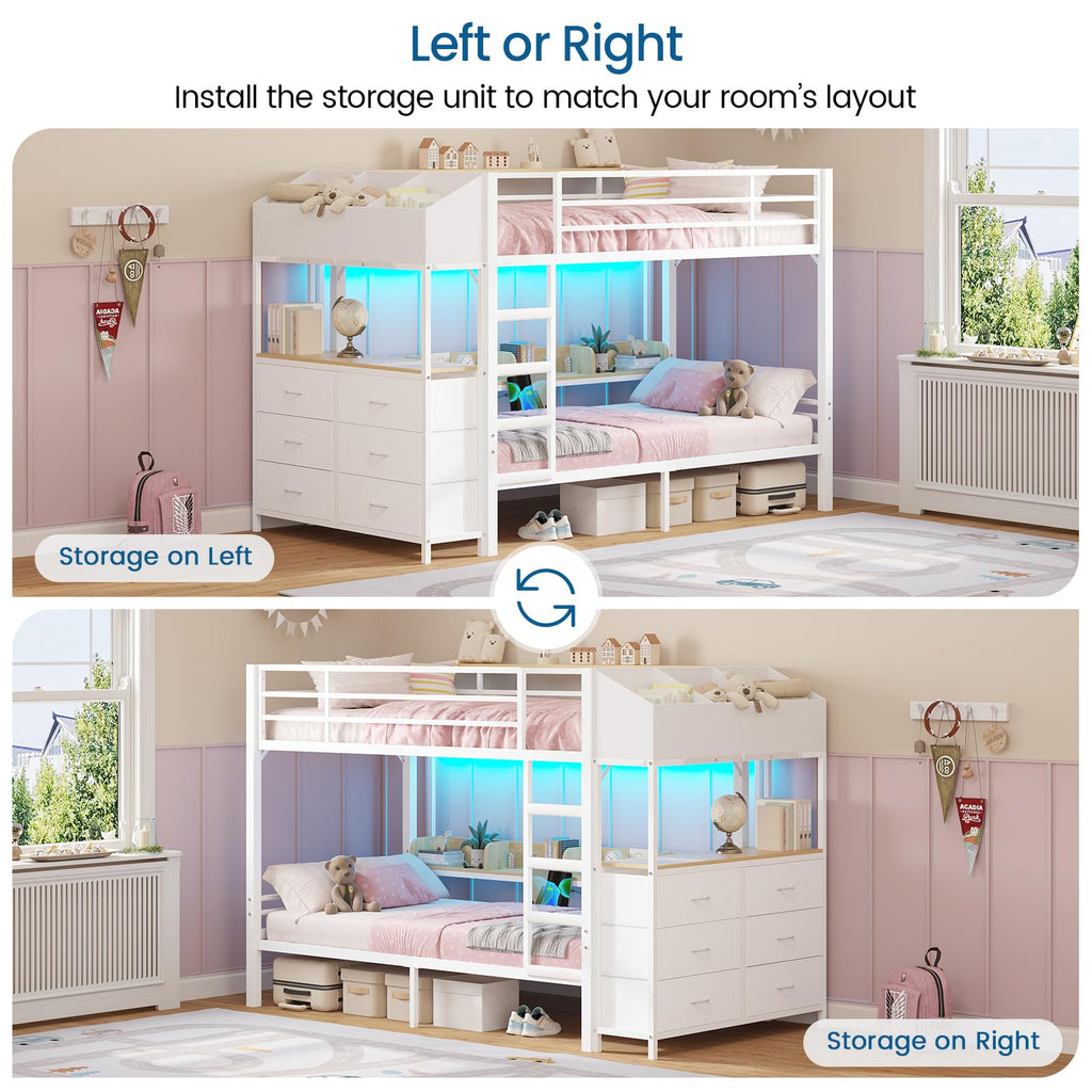 Twin Over Twin Bunk Bed with 6 Storage Drawers, Shelves, LED Lights and Ladder P509