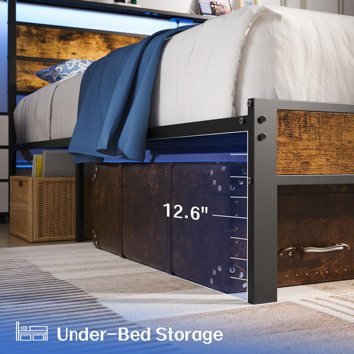 Full Size Platform Bed Frame with Charging Station Headboard and LED Lights N560589