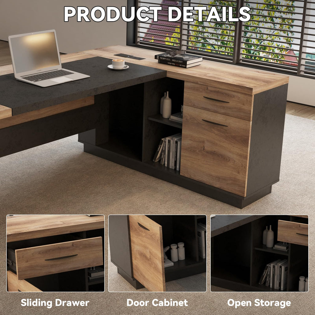 Black and Wood L Shape Executive Desk with Drawers and Shelves N78078