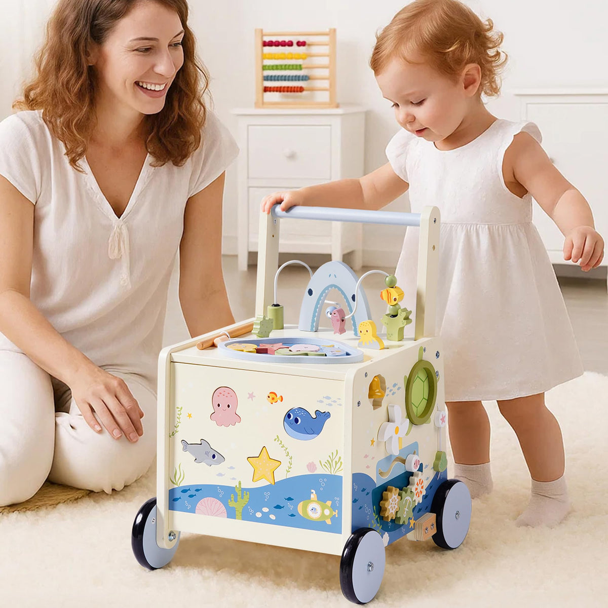 Wooden Baby Walker Push Toy with Fishing Game, Music, Storage O369