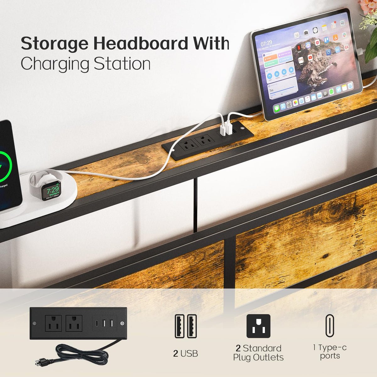 Full Size Platform Bed Frame with Charging Station Headboard and LED Lights N560589
